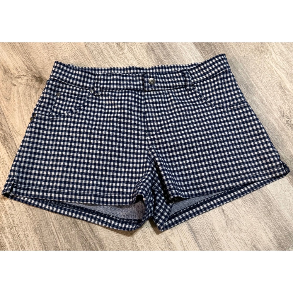 HUE Womens Navy Blue White Gingham Check Stretch Shorts Size Medium